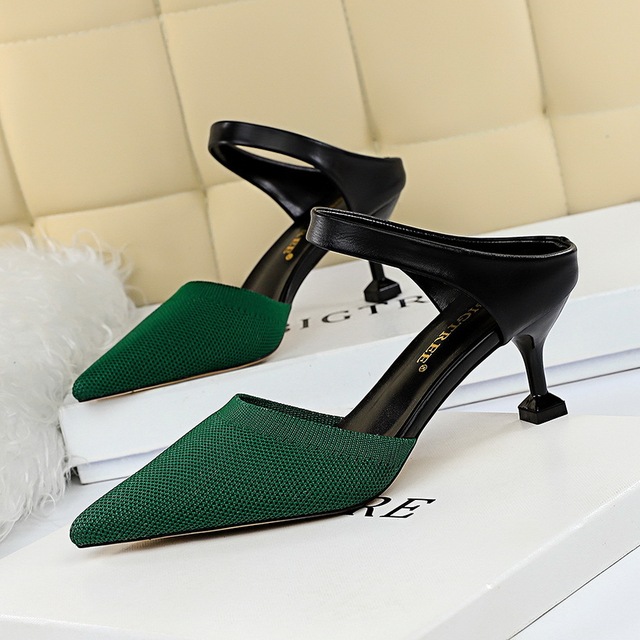 Korean fashion daily Baotou slippers high heel hollow out one word with light mouth sharp head and color match