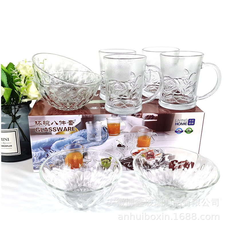 厂家直销 钻石玻璃杯碗八件套 凤尾碗二四六件套装促销礼品碗批發