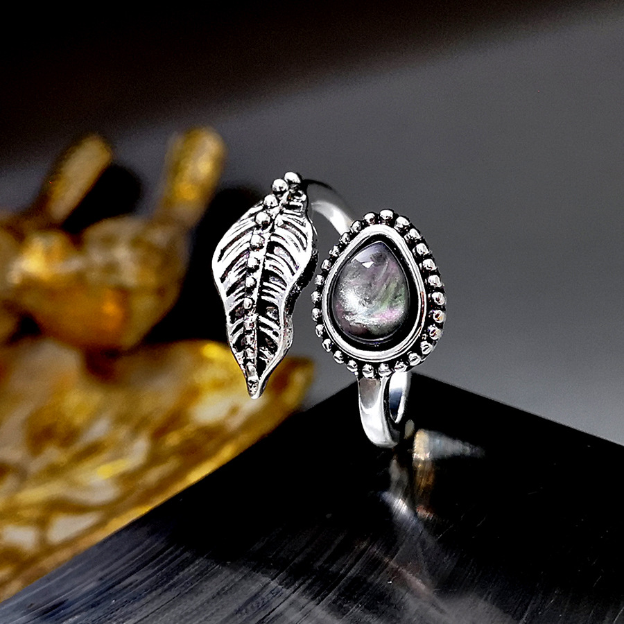 new bohemian shell moonstone ring creative leaves Thai silver ring wholesale