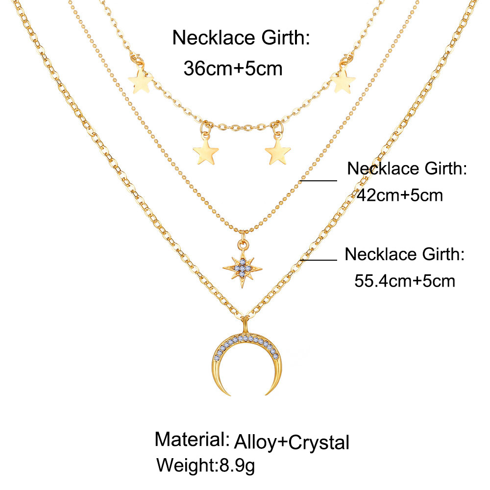 hot sale star crescent three-layer necklace creative retro simple alloy clavicle chain wholesale nih