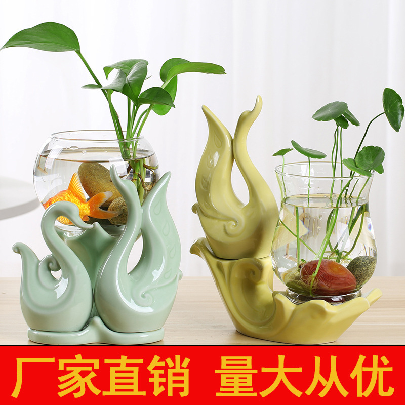 Hydroponic Plant Glass Vase Container Ceramic Swan Glass Spherical Fish Tank Water Culture Small Vessel Wholesale Floral Art