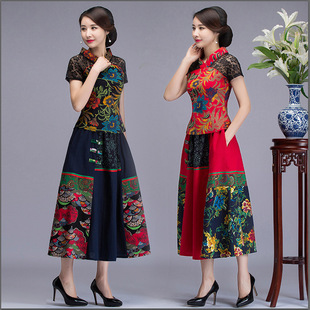 Этническая ретро юбка для матери, кружевное ципао, комплект, этнический стиль, большой размер, китайский стиль