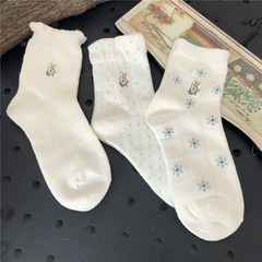 春夏款 森系淡雅素色網眼透氣棉襪 日系清新復古文藝少女中筒短襪