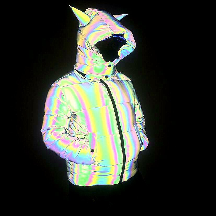 Herrenbekleidung, modischer, farbenfroher, reflektierender Baumwollmantel für Frauen, süßer, dreidimensionaler Tierhorn-Regenbogenfarben-Leuchtbaumwollmantel_voghion.com