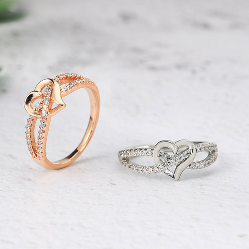 Hazy Moon European and American Fashion Heart Shape Women's Engagement Ring Zircon Micropaved Real Gold Plated Cross-Border Accessories Wholesale