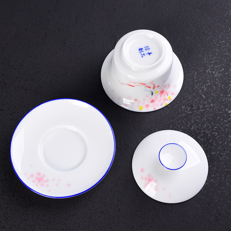 Cubierta pintada a mano Tazón Taza de té de cerámica juego de té de Kung Fu hogar tamaño pequeño Tazón de té Taza blanca tostada de porcelana Taza de té de tres piezas cubierta Tazón