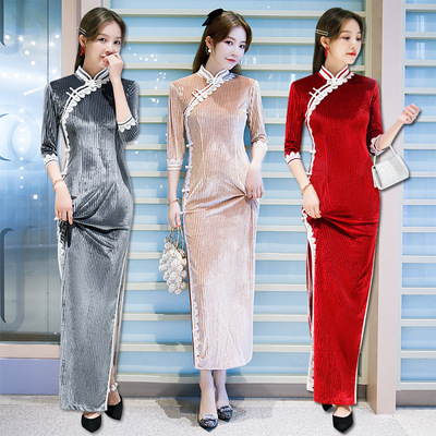 Chinese Dress Qipao for women cheongsam flannel hem sleeve fashionable long cheongsam skirt