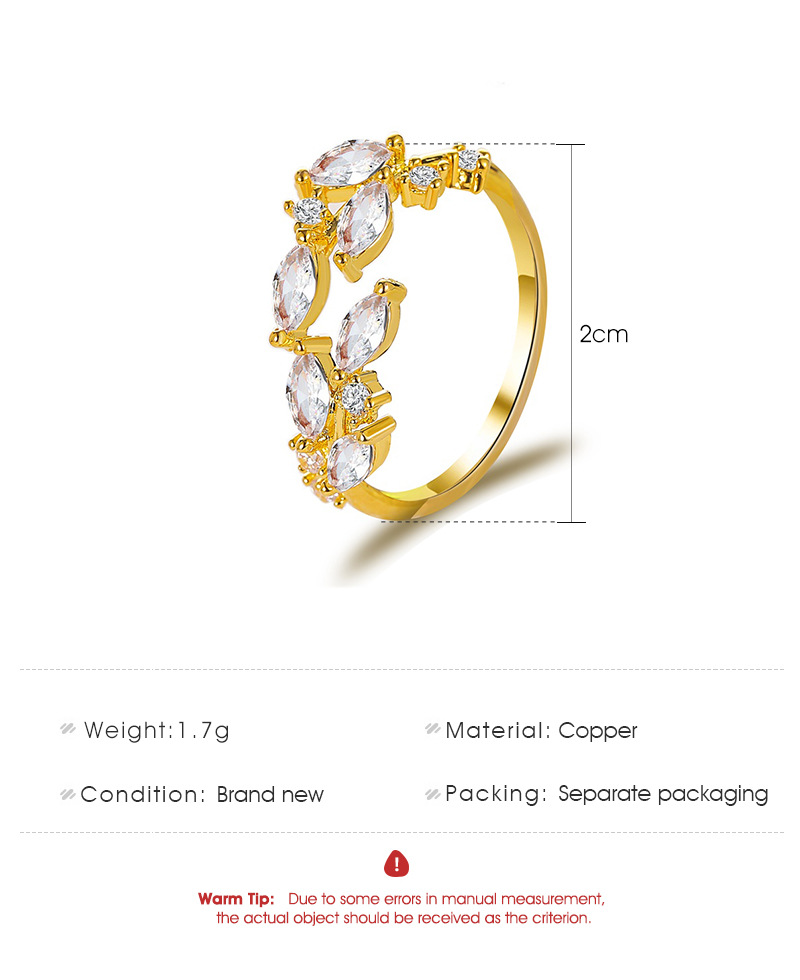 New Ring Fashion Simple Open Crystal Leaf Ring Inlaid Zircon Leaf Ring Wholesale Nihaojewelry display picture 1