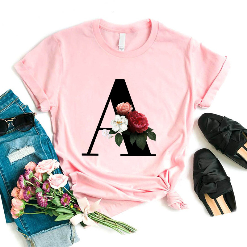 A- Z English letters 26 printed T-shirt round neck pink short sleeve cross-border foreign trade hot