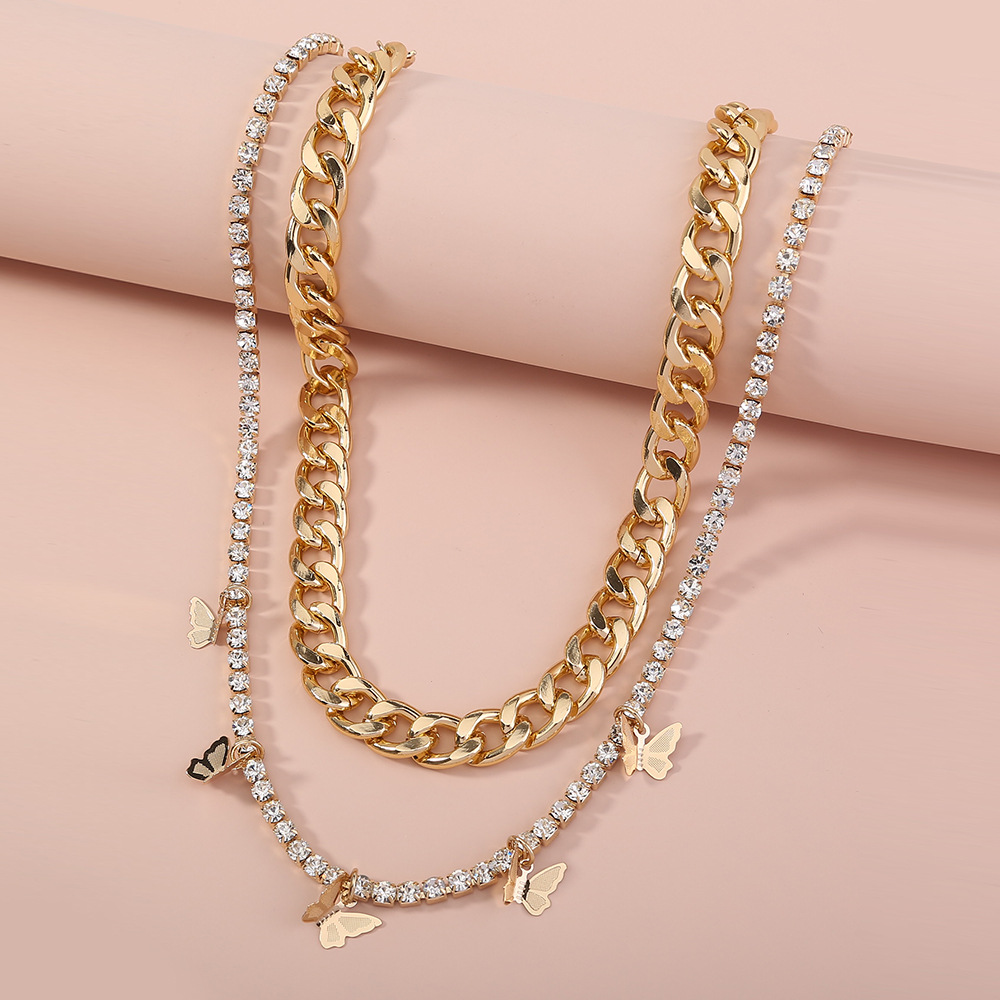 Europe and America Cross border Jewelry fashion street Hip-hop Thick chain Pendant Rhinestone Claw chain butterfly tassels double-deck Necklace