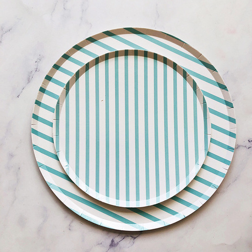New Style Flat Striped Pizza Plate with Irregular Moon Shape, Disposable Tableware Set for Cakes, Small and Large Plates