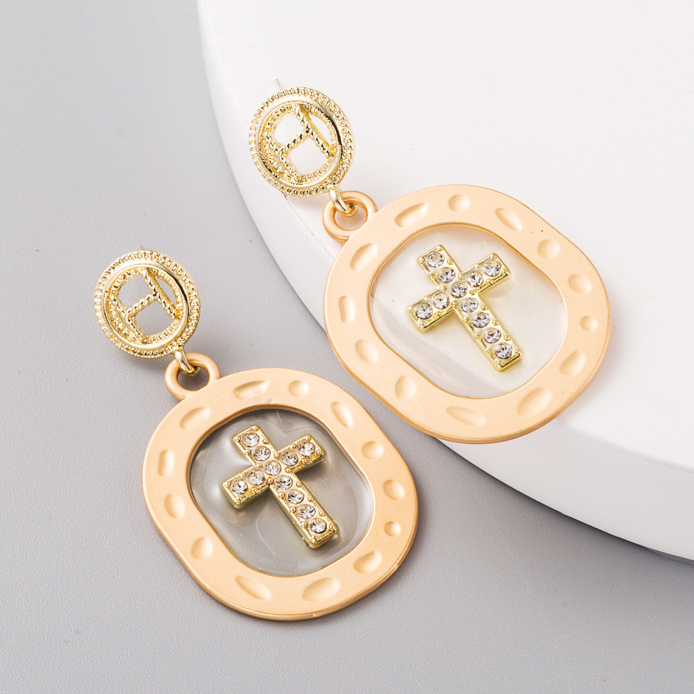 New Fashion Color Transparent Oil Drop Alloy Exaggerated Cross Diamond Long Earrings Yiwu Nihaojewelry Wholesale display picture 6