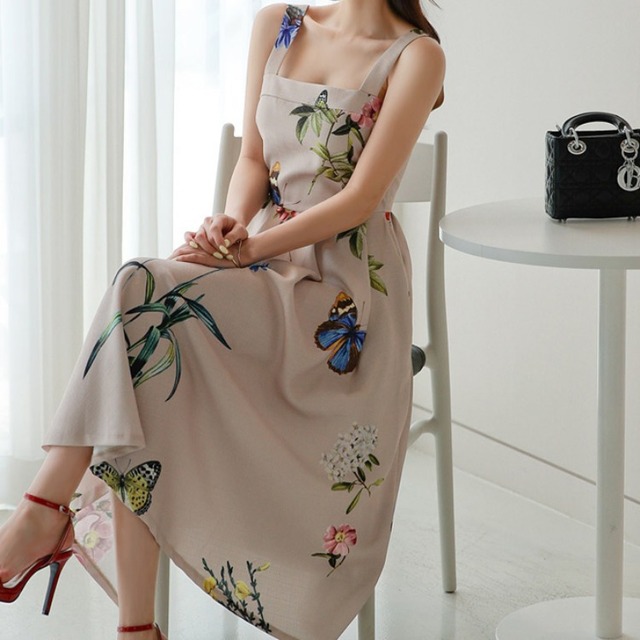 Women’s summer dress Korean style waist belt skirt fashion Printed Dress