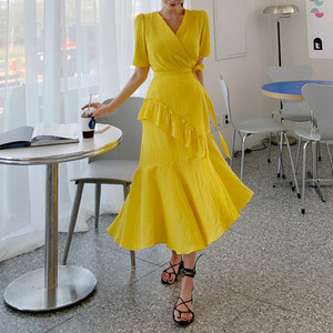 Solid color elegant temperament V-neck lace up lotus dress long skirt Fairy Dress