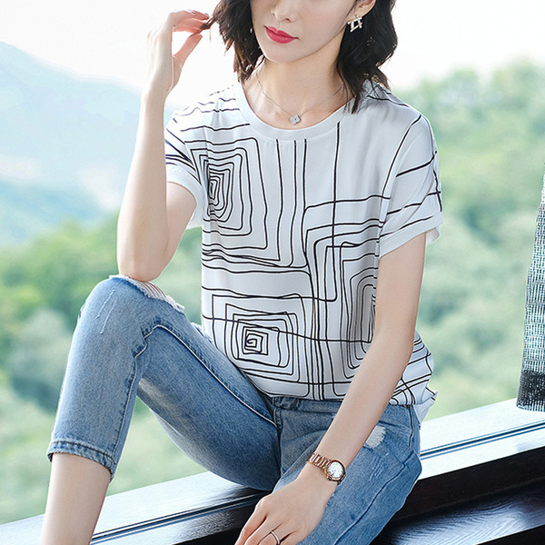 European geometric pattern chiffon shirt age reducing westernized top short sleeve bottomed T-shirt