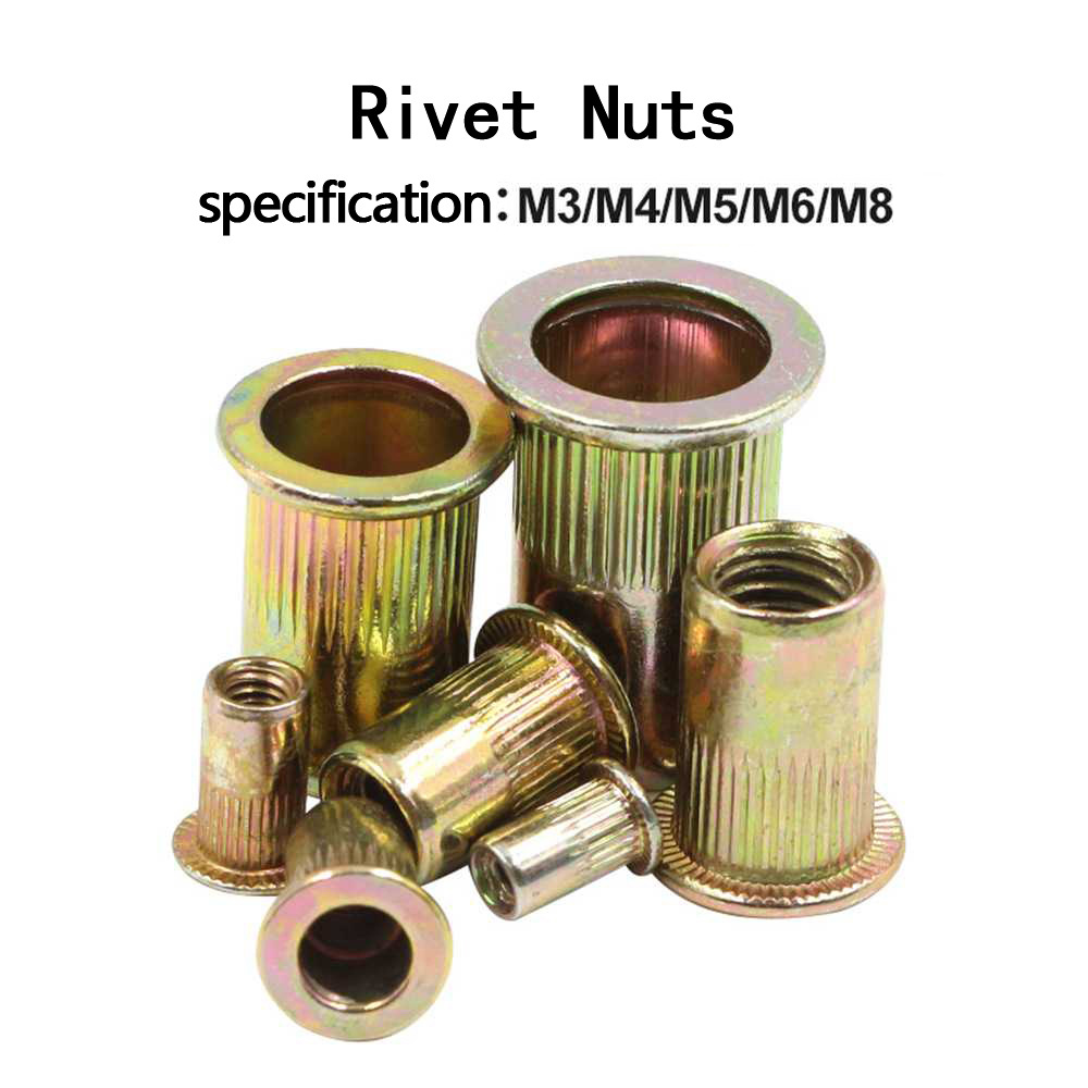 En caja de 100 piezas de color plateado tuerca de remache de zinc M3/M4/M5/M6/M8 cabeza plana tuerca de grano vertical