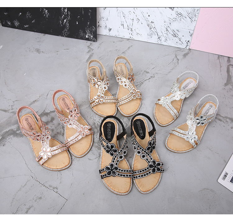 2024 New cross-border large-sized hollowed-out sandals, Bohemian-style women's shoes, summer comfortable flat diamond sandals undefined