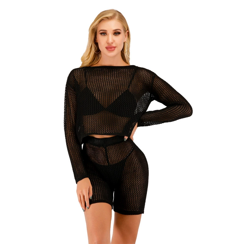 crochet bikini cover up Women's Bikini Cover Up Set Solid Color Hollow Mesh Knitted Long Sleeve Tops and High Waist Shorts Set sexy swimsuit cover ups