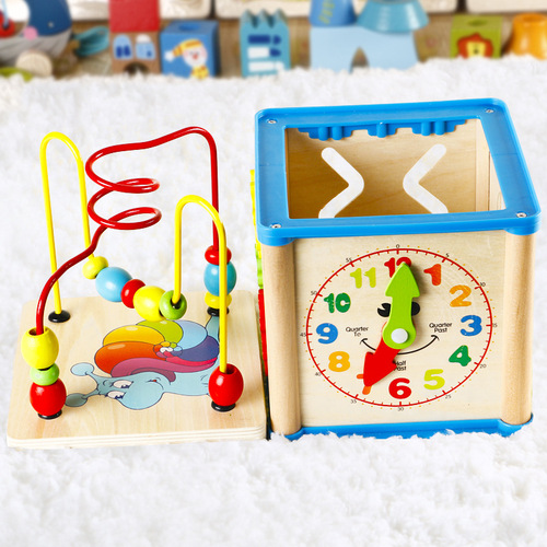 Wooden children's multi-functional four-sided bead toy educational development early education teaching aids wooden shape box for boys and girls