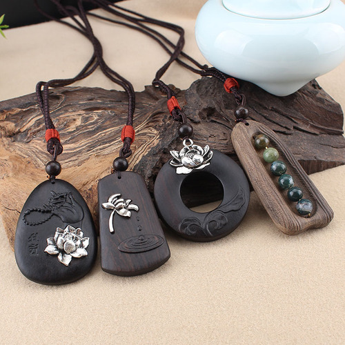 Hollywood-style black sandalwood lotus agate necklace pendant simple versatile cotton linen accessory for men and women Buddha-style necklace