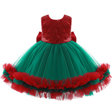 歐美外貿亞馬遜童裝童裙聖誕款帶蝴蝶結亮片連衣裙紅色蓬蓬演出裙