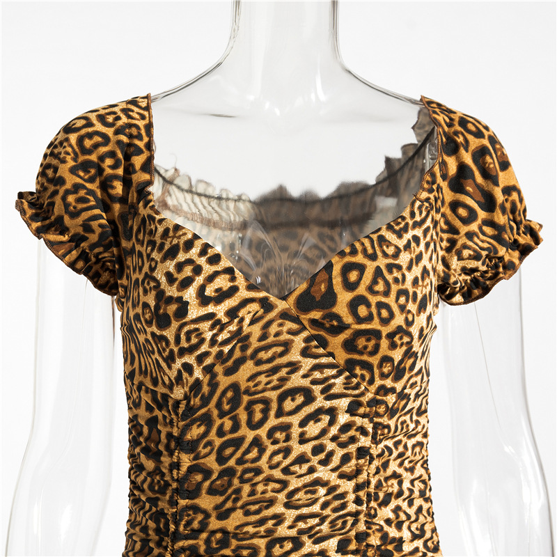 Sexy Commute Printing Lettuce Trim Backless Short Sleeve Leopard Above Knee display picture 2