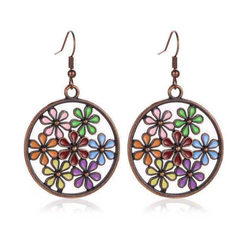 1 Pair Ethnic Style Round Flower Enamel Alloy Drop Earrings display picture 1