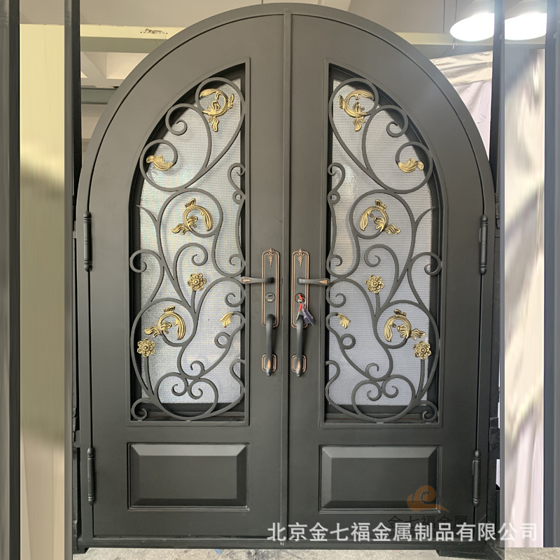 销售别墅铁门玻璃门入户工艺门锻钢造型双开弧形进户门欧式风铁门-阿里巴巴