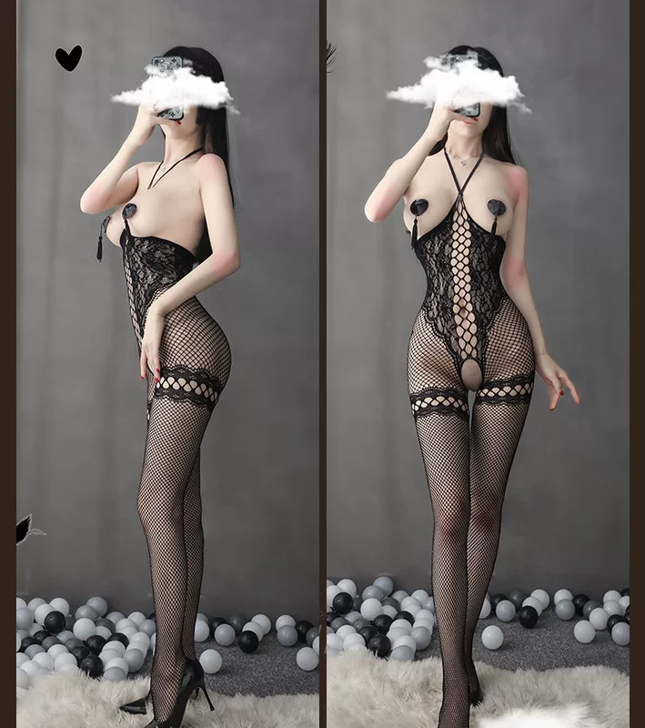 Женская сетчатая боди-колготка без рукавов с оголовьем- halter, открытым промежностью, черная, один размер