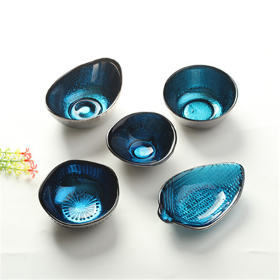 创意电镀沙拉碗天蓝色小食碟彩色玻璃蘸料碟餐盘调味碗碟家用礼品|ms