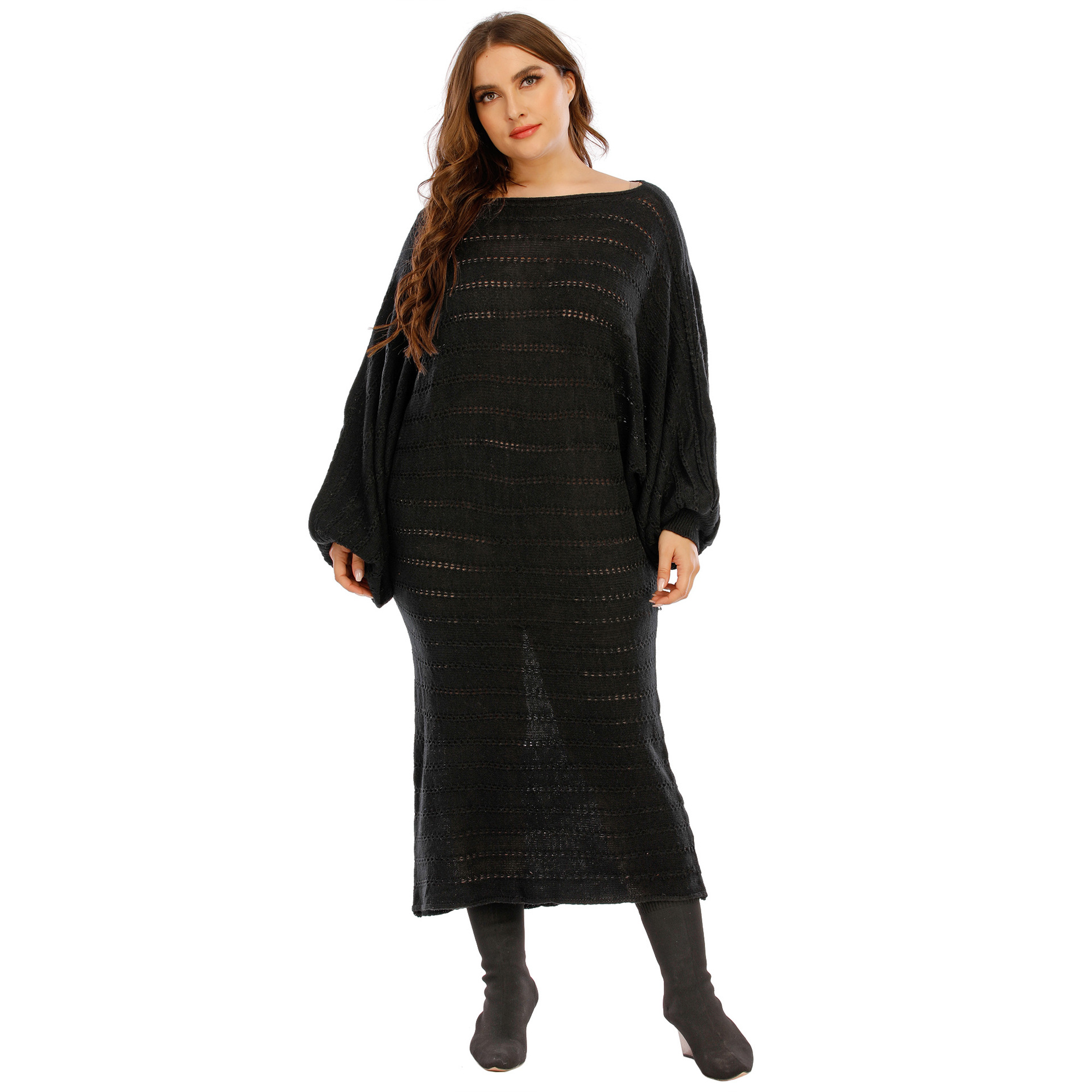 Plus size hollow knit lantern sleeves mid-length dress  NSOY26820