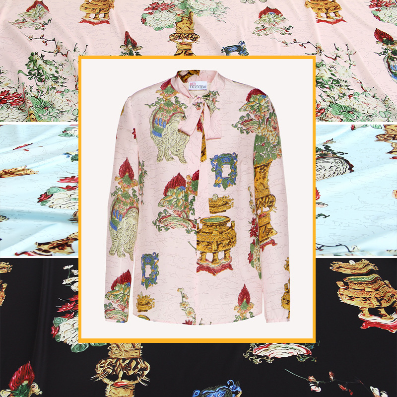 20新品欧美品牌高定缎面雪纺复古花瓶手绘图案衬衣服装印花面料