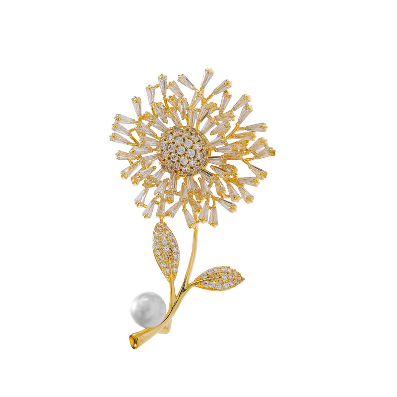New Personality Crystal Dandelion Brooch Pins for Women Fashion Luxury Zircon Pearl Brooches Dress Silk Scarf Accessories Corsage Wedding