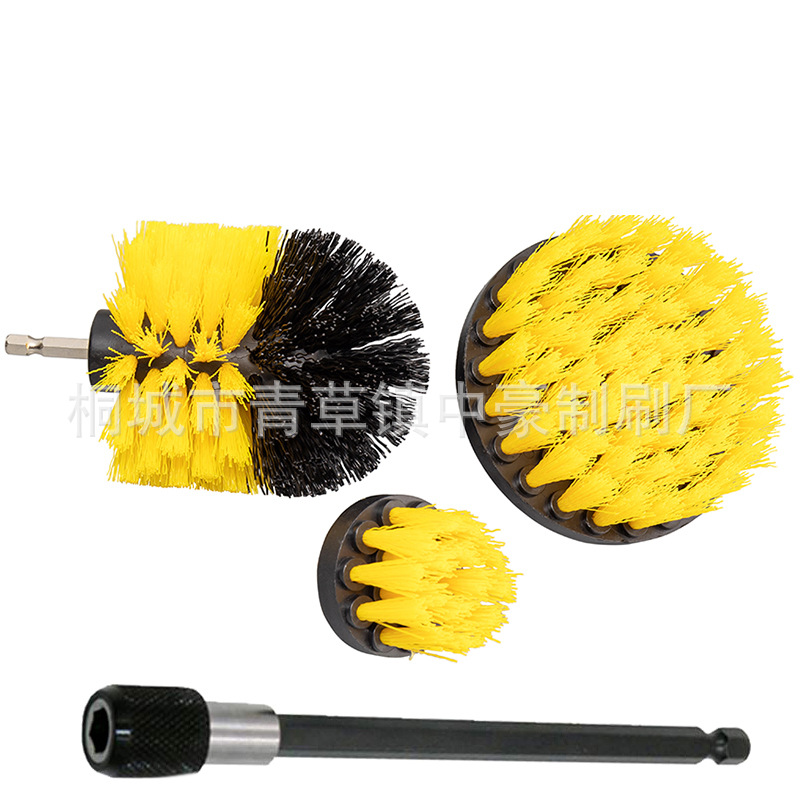 노란색; 드릴 브러시 4 피스 세트 (2 인치, 3.5 인치, 4 인치, 15cm 연장 막대); 플라스틱