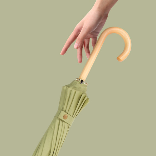 Korean style 16-bone wooden handle small fresh umbrella women's solid color long handle fair or rain umbrella printed advertising logo dropshipping