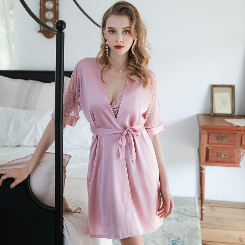 sexy nightgown middle-sleeved kimono-style lace-up robe ladies autumn gown NSMR6991