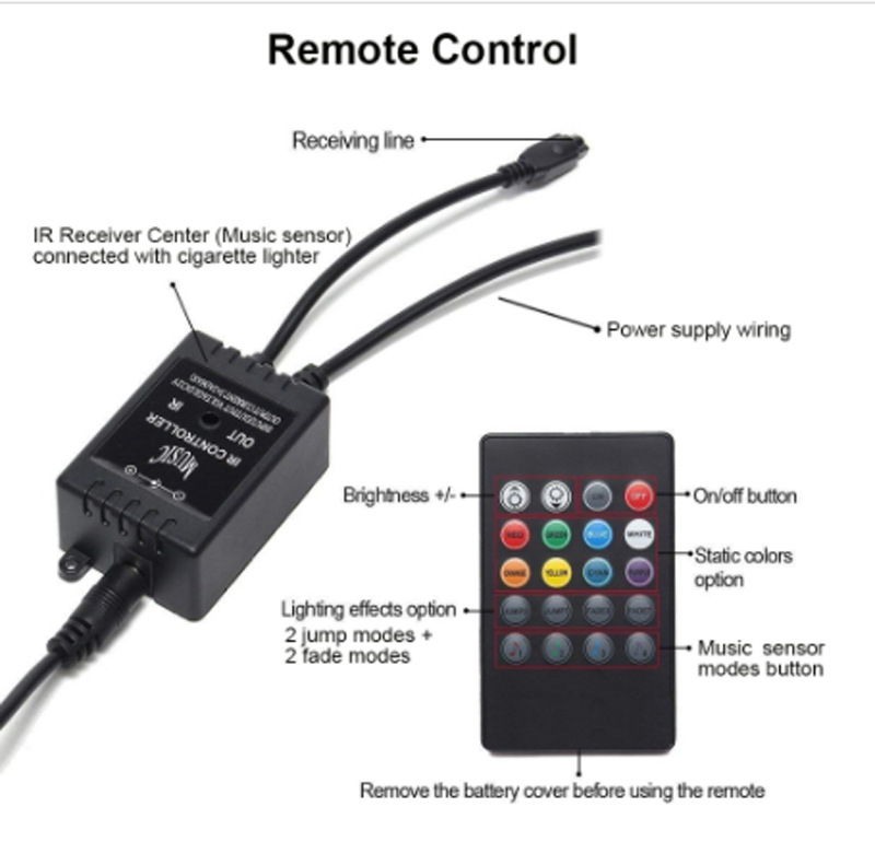 Luz de atmósfera de automóvil un remolque cuatro control remoto de voz RGB luz de atmósfera inferior colorida barra de luz de chasis 60CM * 90CM