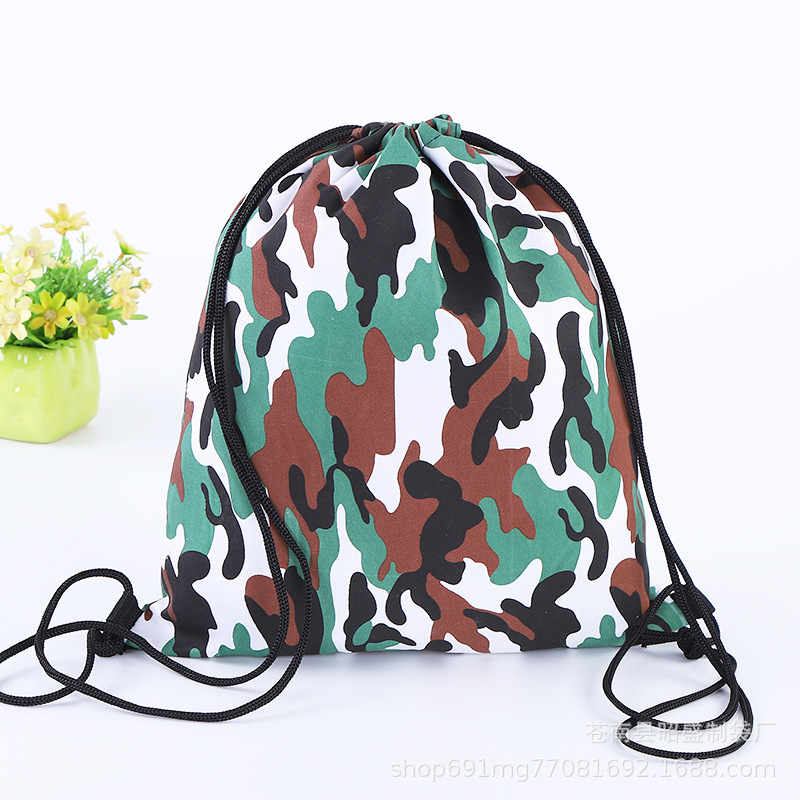 桃皮绒迷彩绿束口袋野营登山背囊军训学生运动背包跑步训练包帆布