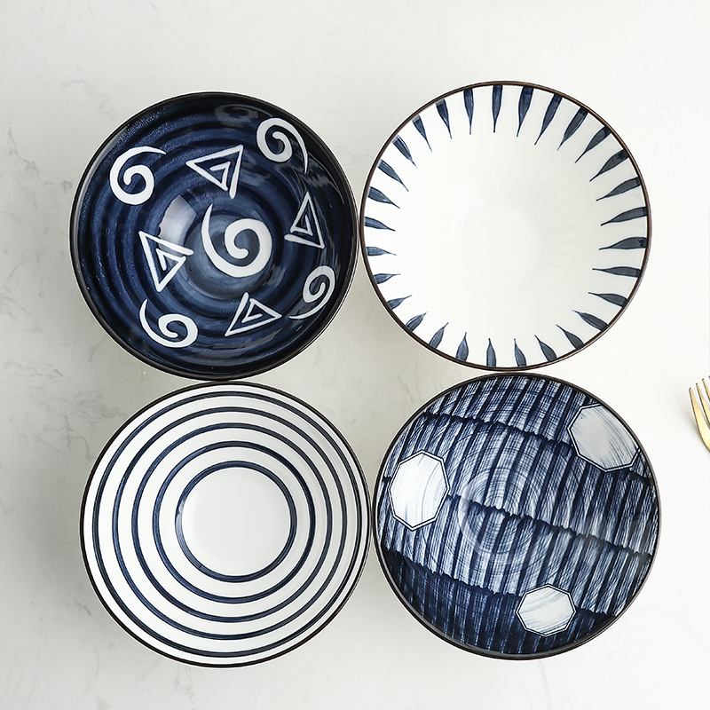 Tazón de sopa bajo vidriado pintado a mano de estilo japonés tazón de fideos tazón grande horno de microondas Cubo de cerámica tazón de fuente de fideos instantáneos tazón de fuente de ensalada tazón de altavoz