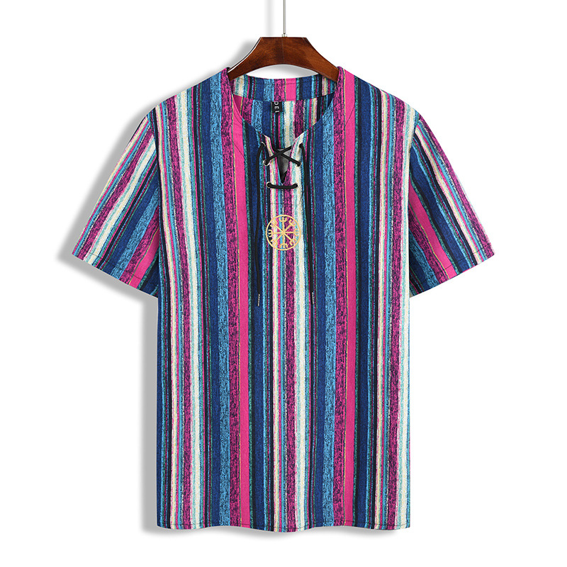 2024 Summer Cross-Border Wish Cotton and Linen Embroidered Short-Sleeved Shirt Slimming Look Stripesd Printed Pullover Round Neck Cotton and Linen Shirt