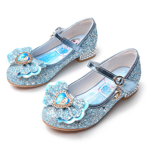 Children's performance dress shoes  new style Princess Elsa children's shoes women's bow sequins Velcro flat shoes trendy