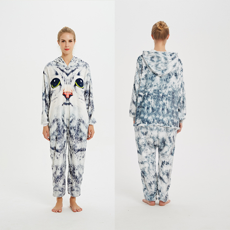Pijamas de una pieza de coral grueso con diseño de animales de dibujos animados, franela cálida informal de manga larga, venta al por mayor del fabricante, gruesos y cálidos.
