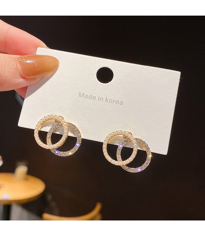 Korea New Double Circle Earrings All-match High Quality Full Diamond Pearl Earrings Personalized Copper Earrings display picture 4