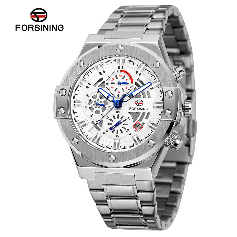 FORSINING Fusini 6914 correa de acero de moda para hombre reloj mecánico automático reloj impermeable luminoso de seis pines