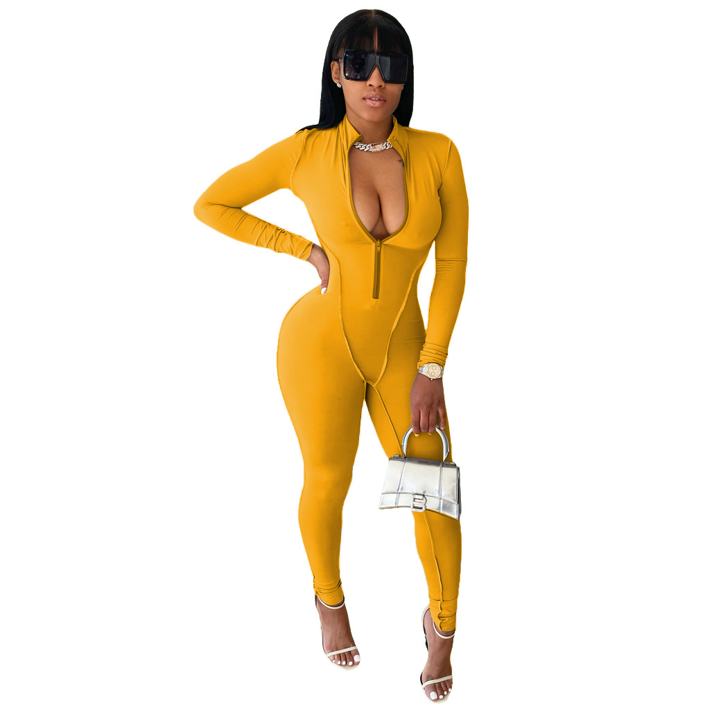 Solid Color Half Zipper Long-Sleeved Jumpsuit NSALI85440