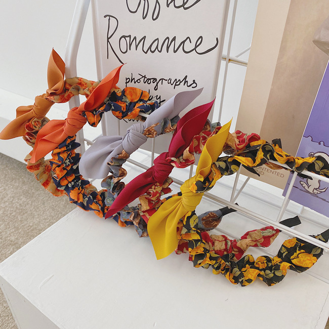 Korean Floral Folds Retro Thin-edge Bow Headband Wholesale Nihaojewelry display picture 1