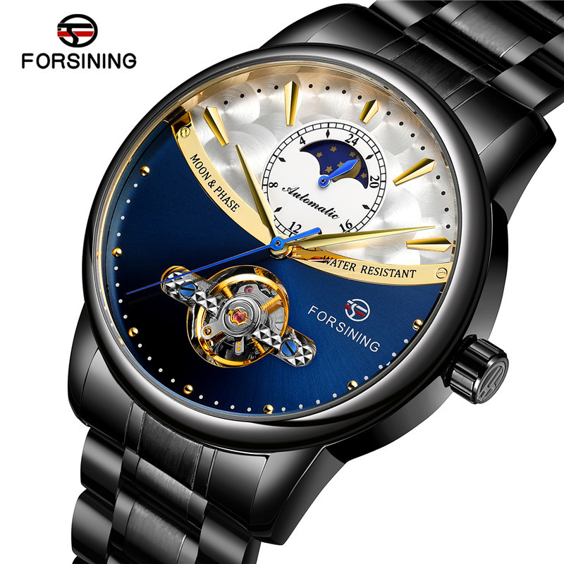 Forsining busini correa de acero los hombres negocios reloj mecánico automático inferior transparente hueco 8179