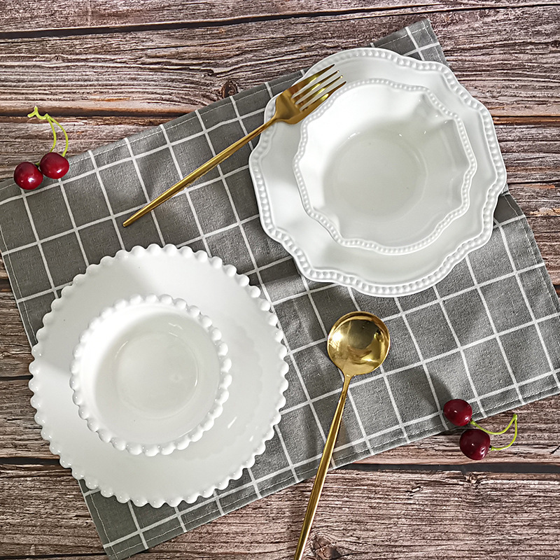 New style Pearl plate ceramic household tableware multilateral relief snack plate afternoon tea dessert bowl gift