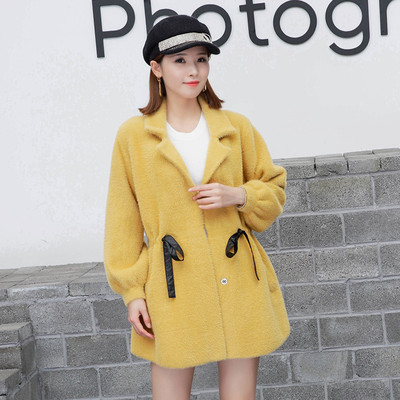 2020秋季新款仿貂绒外套女装 韩版腰带宽松针织中长款大衣女批发|ms