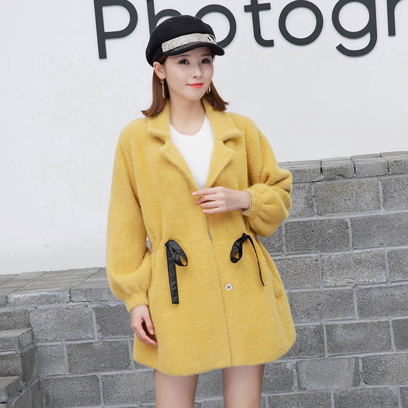 2020秋季新款仿貂绒外套女装 韩版腰带宽松针织中长款大衣女批发|ms